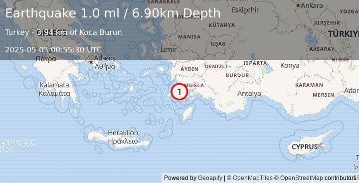 Earthquake DODECANESE IS.-TURKEY BORDER REG (1.0 ml) (2025-05-05 00:55:30 UTC)
