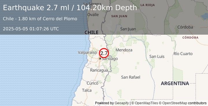 Earthquake REGION METROPOLITANA, CHILE (2.7 ml) (2025-05-05 01:07:26 UTC)