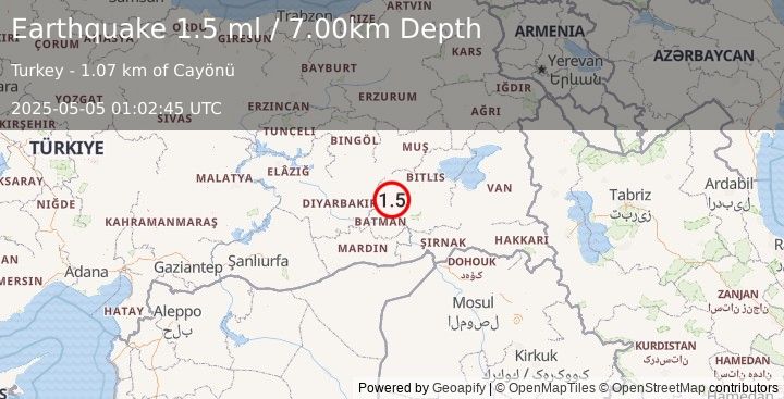 Earthquake EASTERN TURKEY (1.5 ml) (2025-05-05 01:02:45 UTC)