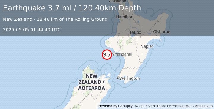 Earthquake OFF W. COAST OF N. ISLAND, N.Z. (3.7 ml) (2025-05-05 01:44:40 UTC)