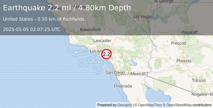 Earthquake GREATER LOS ANGELES AREA, CALIF. (2.2 ml) (2025-05-05 02:07:25 UTC)