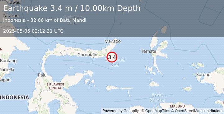 Earthquake MINAHASA, SULAWESI, INDONESIA (3.4 m) (2025-05-05 02:12:31 UTC)