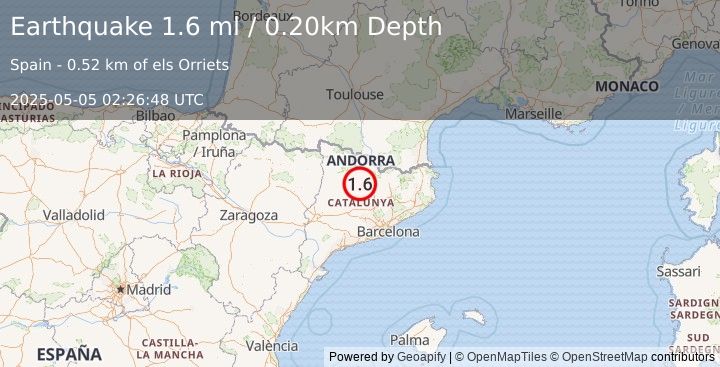 Earthquake PYRENEES (1.6 ml) (2025-05-05 02:26:48 UTC)
