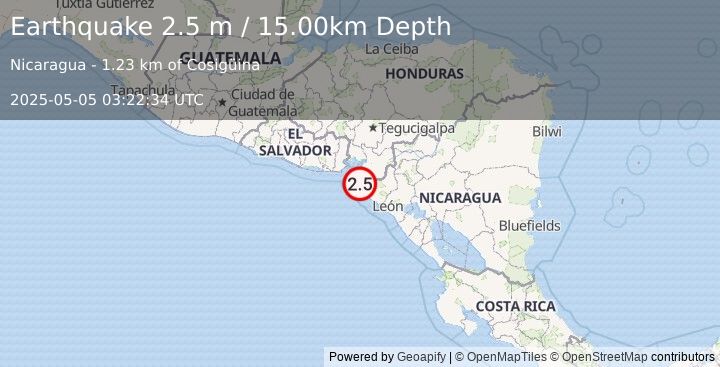 Earthquake NEAR COAST OF NICARAGUA (2.5 m) (2025-05-05 03:22:34 UTC)