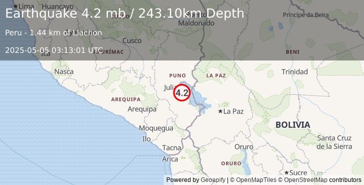Earthquake SOUTHERN PERU (4.2 mb) (2025-05-05 03:13:01 UTC)