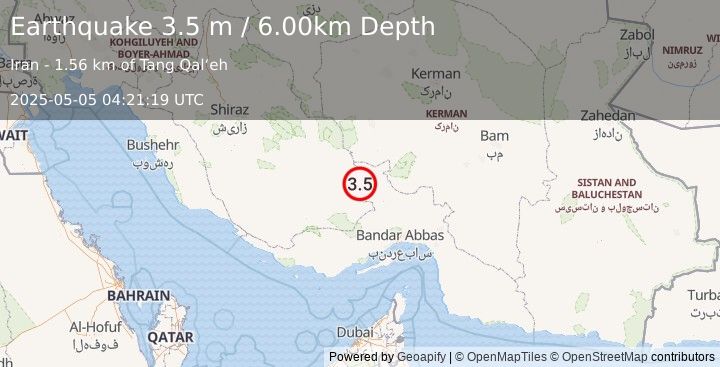 Earthquake SOUTHERN IRAN (3.5 m) (2025-05-05 04:21:19 UTC)
