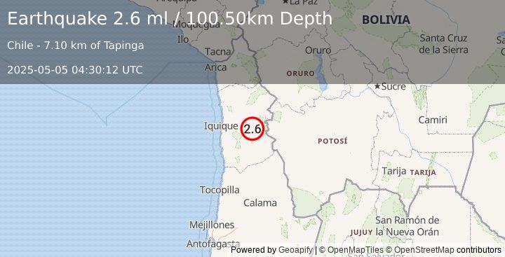 Earthquake TARAPACA, CHILE (2.6 ml) (2025-05-05 04:30:12 UTC)