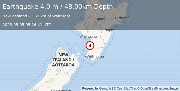 Earthquake NORTH ISLAND OF NEW ZEALAND (4.0 m) (2025-05-05 05:16:41 UTC)