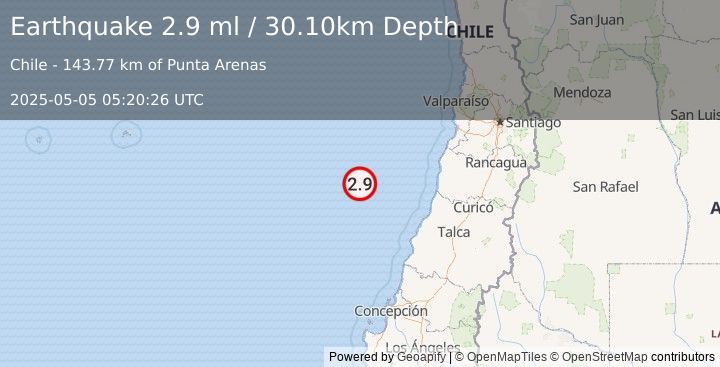 Earthquake OFF COAST OF O'HIGGINS, CHILE (2.9 ml) (2025-05-05 05:20:26 UTC)