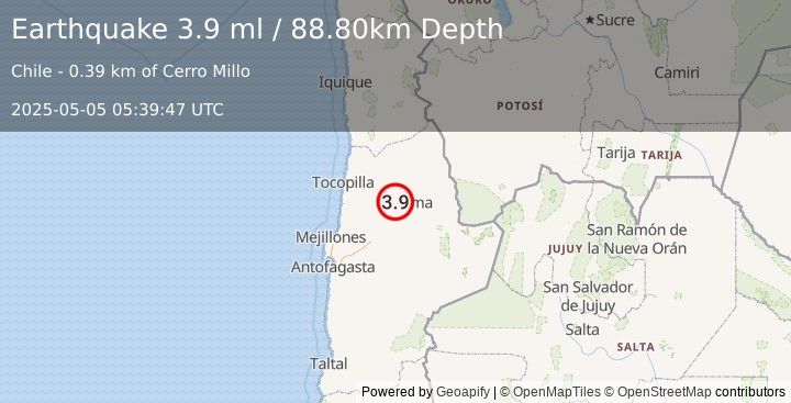 Earthquake ANTOFAGASTA, CHILE (3.9 ml) (2025-05-05 05:39:46 UTC)