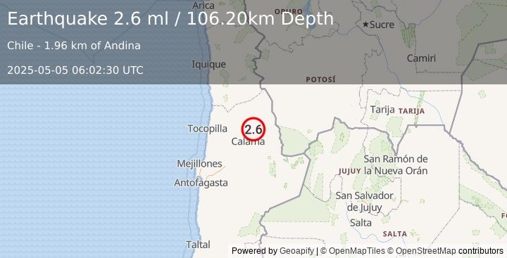 Earthquake ANTOFAGASTA, CHILE (2.6 ml) (2025-05-05 06:02:30 UTC)