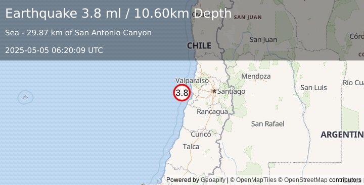 Earthquake OFFSHORE VALPARAISO, CHILE (3.8 ml) (2025-05-05 06:20:08 UTC)