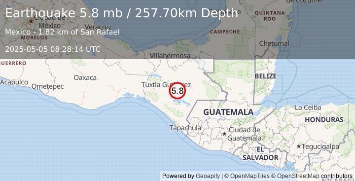 Earthquake CHIAPAS, MEXICO (5.8 mw) (2025-05-05 08:28:13 UTC)