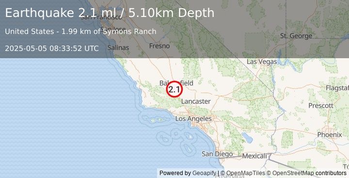 Earthquake CENTRAL CALIFORNIA (2.1 ml) (2025-05-05 08:33:52 UTC)