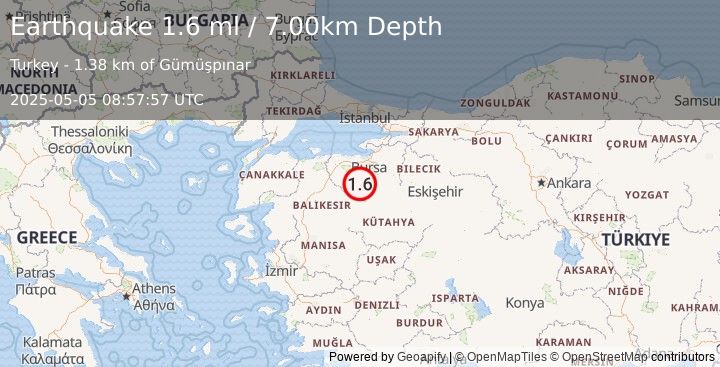Earthquake WESTERN TURKEY (1.6 ml) (2025-05-05 08:57:57 UTC)