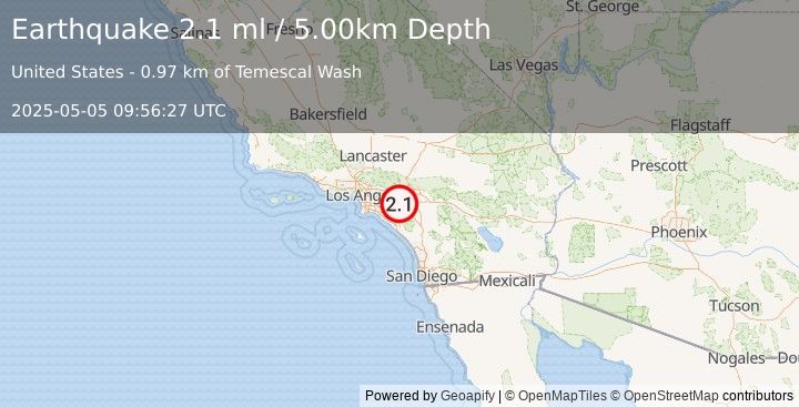 Earthquake GREATER LOS ANGELES AREA, CALIF. (2.1 ml) (2025-05-05 09:56:27 UTC)