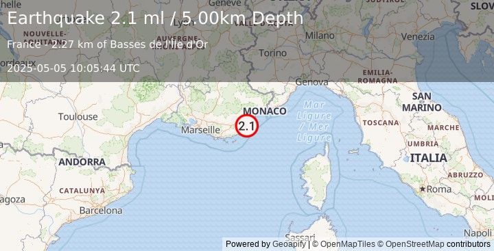 Earthquake NEAR SOUTH COAST OF FRANCE (2.1 ml) (2025-05-05 10:05:44 UTC)
