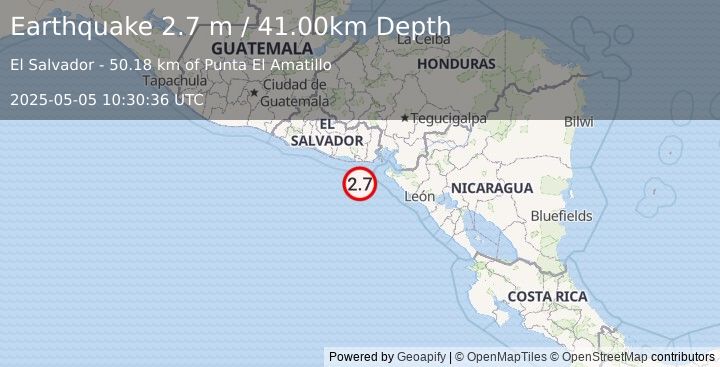 Earthquake OFFSHORE EL SALVADOR (2.7 m) (2025-05-05 10:30:36 UTC)