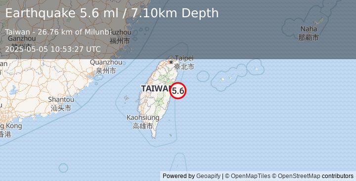 Earthquake TAIWAN REGION (5.7 mw) (2025-05-05 10:53:25 UTC)