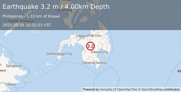 Earthquake MINDANAO, PHILIPPINES (3.2 m) (2025-05-05 10:52:03 UTC)
