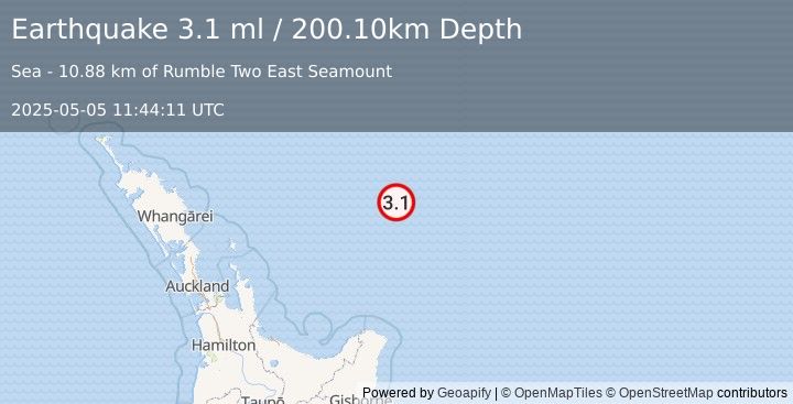 Earthquake OFF E. COAST OF N. ISLAND, N.Z. (3.1 ml) (2025-05-05 11:44:11 UTC)