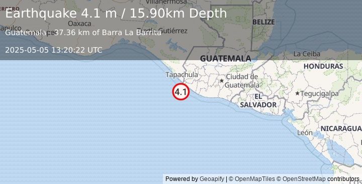 Earthquake OFFSHORE GUATEMALA (4.1 m) (2025-05-05 13:20:22 UTC)