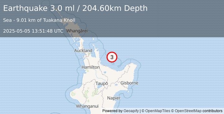 Earthquake NORTH ISLAND OF NEW ZEALAND (3.0 ml) (2025-05-05 13:51:48 UTC)