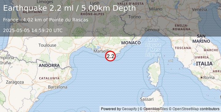 Earthquake NEAR SOUTH COAST OF FRANCE (2.2 ml) (2025-05-05 14:59:20 UTC)