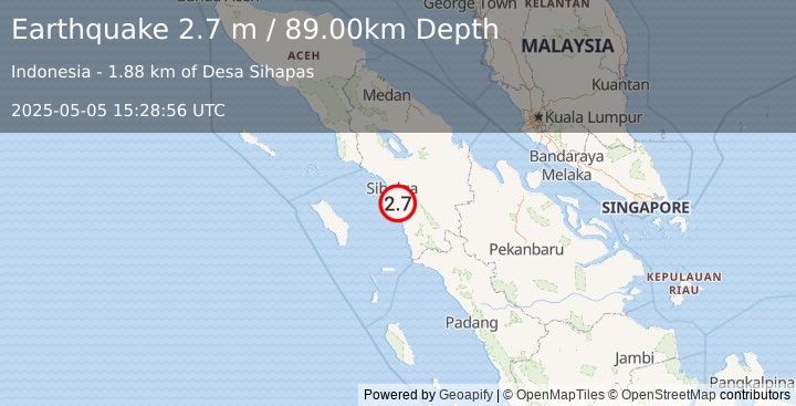 Earthquake NORTHERN SUMATRA, INDONESIA (2.7 m) (2025-05-05 15:28:56 UTC)