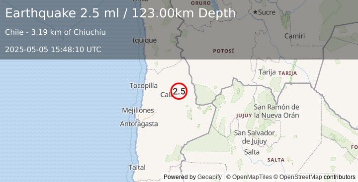 Earthquake ANTOFAGASTA, CHILE (2.5 ml) (2025-05-05 15:48:10 UTC)
