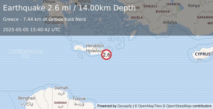 Earthquake CRETE, GREECE (2.6 ml) (2025-05-05 15:40:42 UTC)
