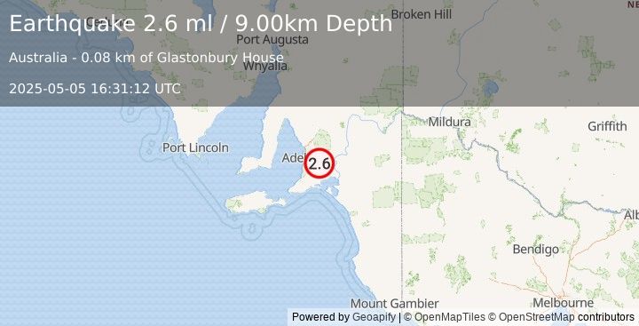 Earthquake NEAR COAST OF SOUTH AUSTRALIA (2.6 ml) (2025-05-05 16:31:12 UTC)
