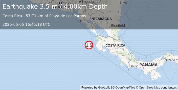 Earthquake OFF COAST OF COSTA RICA (3.5 m) (2025-05-05 16:45:18 UTC)