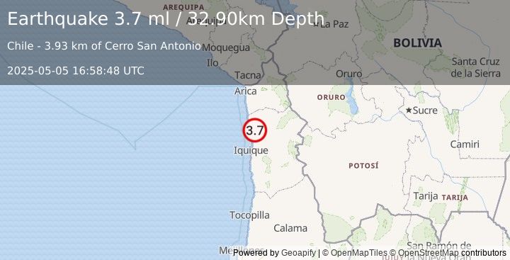 Earthquake TARAPACA, CHILE (3.7 ml) (2025-05-05 16:58:48 UTC)