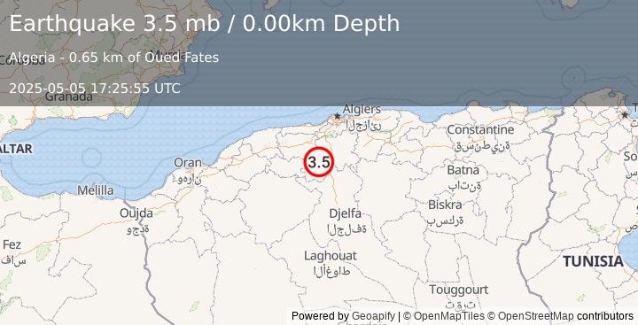 Earthquake NORTHERN ALGERIA (3.5 mb) (2025-05-05 17:25:55 UTC)