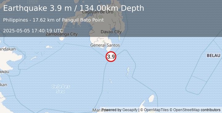 Earthquake MINDANAO, PHILIPPINES (3.9 m) (2025-05-05 17:40:19 UTC)