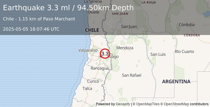 Earthquake REGION METROPOLITANA, CHILE (3.3 ml) (2025-05-05 18:07:46 UTC)