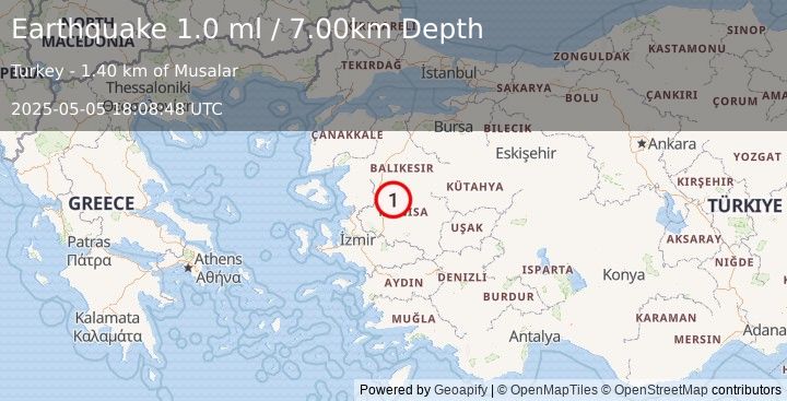 Earthquake WESTERN TURKEY (1.0 ml) (2025-05-05 18:08:48 UTC)
