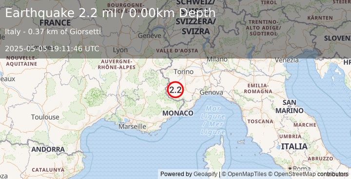 Earthquake NORTHERN ITALY (2.2 ml) (2025-05-05 19:11:46 UTC)