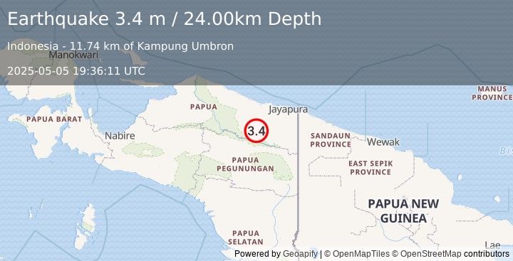 Earthquake PAPUA, INDONESIA (3.4 m) (2025-05-05 19:36:11 UTC)