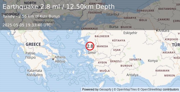 Earthquake NEAR THE COAST OF WESTERN TURKEY (2.7 ml) (2025-05-05 19:33:41 UTC)
