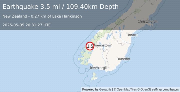 Earthquake SOUTH ISLAND OF NEW ZEALAND (3.5 ml) (2025-05-05 20:31:27 UTC)