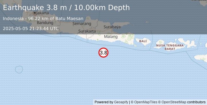 Earthquake SOUTH OF JAVA, INDONESIA (3.8 m) (2025-05-05 21:23:44 UTC)