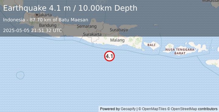 Earthquake SOUTH OF JAVA, INDONESIA (4.1 m) (2025-05-05 21:51:32 UTC)