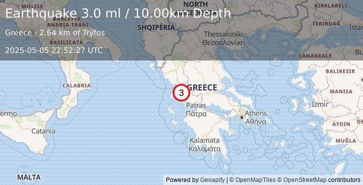 Earthquake GREECE (3.0 ml) (2025-05-05 22:52:26 UTC)