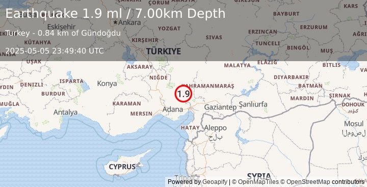 Earthquake CENTRAL TURKEY (1.9 ml) (2025-05-05 23:49:40 UTC)