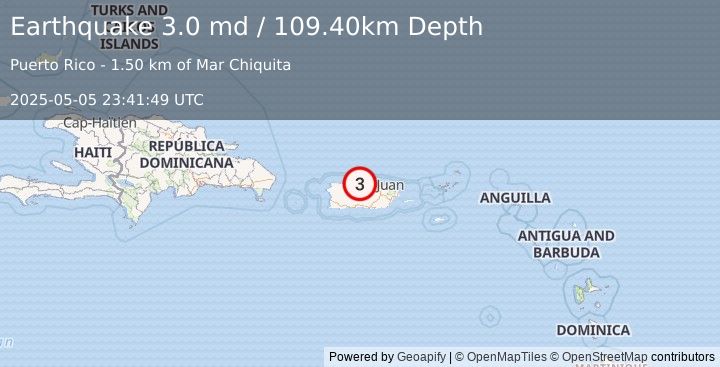 Earthquake PUERTO RICO REGION (3.0 md) (2025-05-05 23:41:49 UTC)