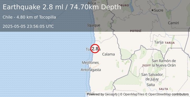 Earthquake ANTOFAGASTA, CHILE (2.8 ml) (2025-05-05 23:56:05 UTC)
