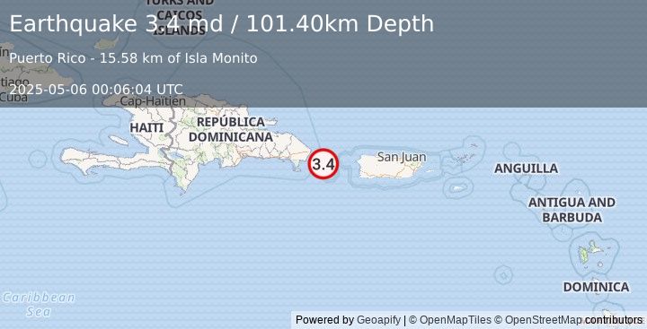 Earthquake MONA PASSAGE, DOMINICAN REPUBLIC (3.4 md) (2025-05-06 00:06:04 UTC)