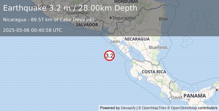 Earthquake NEAR COAST OF NICARAGUA (3.2 m) (2025-05-06 00:40:58 UTC)